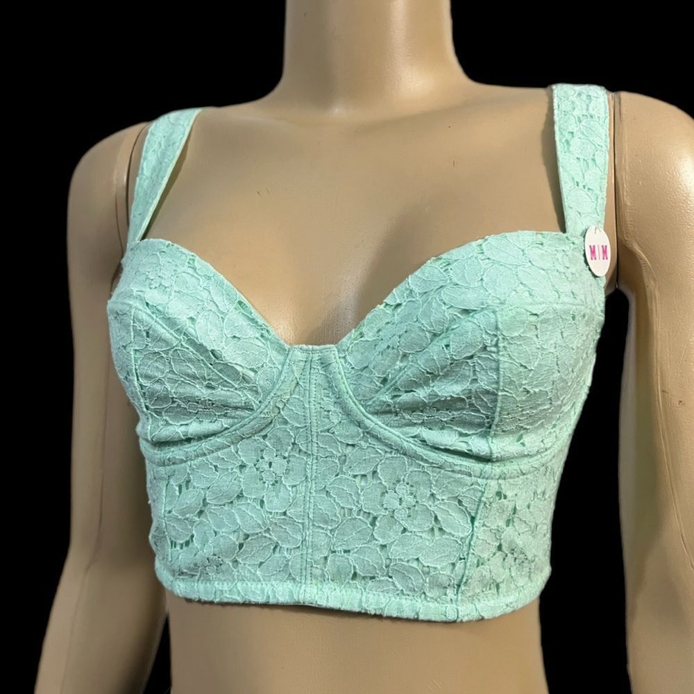 Victoria’s Secret Pink Lace Bustier Unlined Wire free long bralette bra mint M